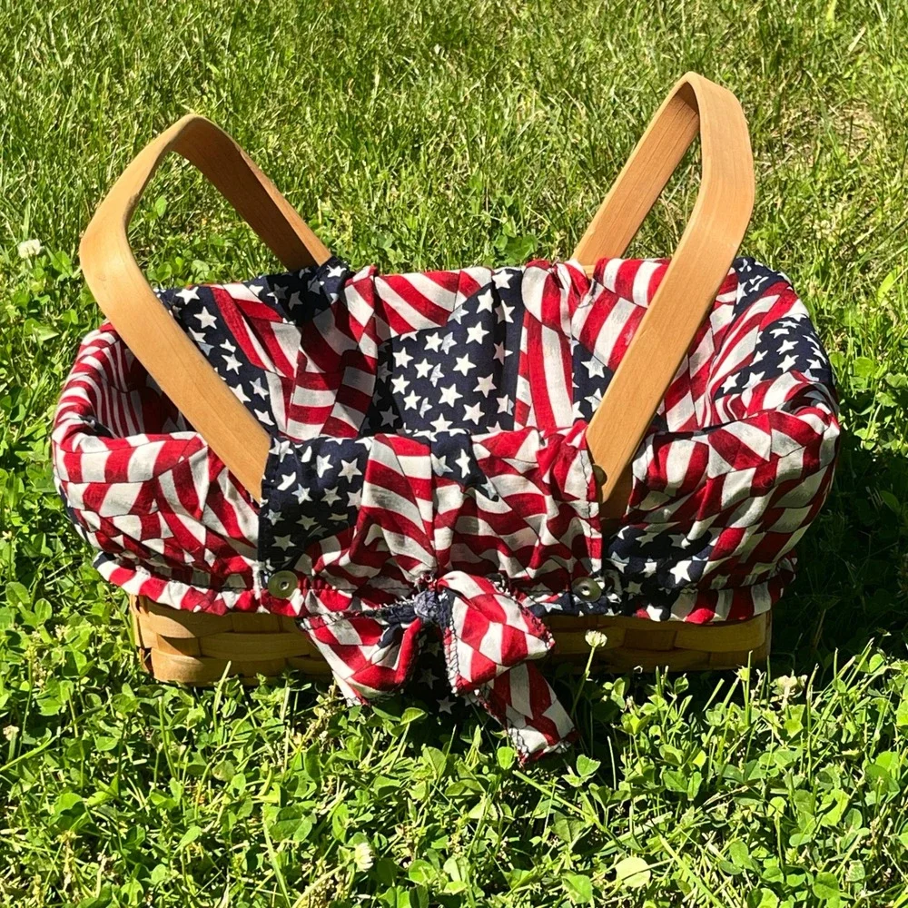 Vintage Double Articulated Handled Basket With Flag Patriotic Liner 12